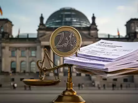 Eine Waage, die ein deutsches 1-Euro-Stück mit einem Stapel medizinischer Rechnungen oder Rezepte auf der anderen Seite zeigt. - Foto: über boerse-global.de