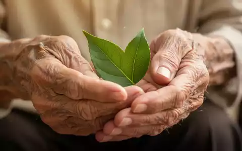 Nahaufnahme der faltigen HĂ€nde einer Ă€lteren Person, die ein grĂŒnes Blatt halten. Symbolisiert natĂŒrliche Heilmittel und Hoffnung. - Foto: ĂŒber boerse-global.de
