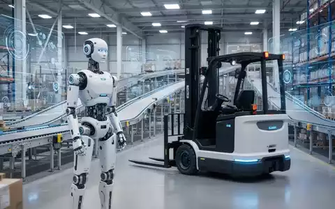 Ein humanoider Roboter und ein autonomer Gabelstapler arbeiten in einem modernen Logistiklager mit Förderbändern und digitalen Schnittstellen. - Foto: über boerse-global.de