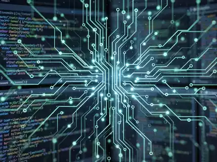 Stilisierte Darstellung eines KI-Agenten mit leuchtenden neuronalen Netzwerkmustern vor unscharfem Bildschirmcode-Hintergrund. - Foto: über boerse-global.de