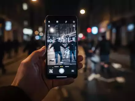 Eine Hand hält ein Smartphone, das eine undeutliche Szene auf einer nächtlichen Straße aufzeichnet. Der Bildschirm zeigt verschwommene Personen. - Foto: über boerse-global.de