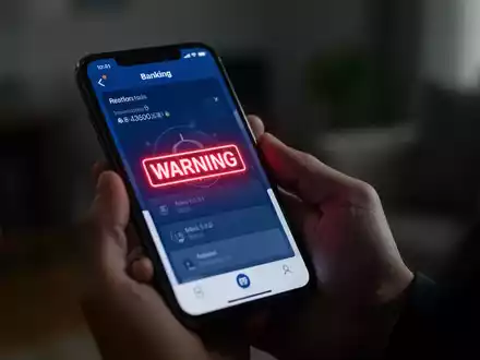 Nahaufnahme einer Hand, die ein Smartphone hält, dessen Bildschirm eine Warnmeldung in einer Banking-App anzeigt, unscharfer Hintergrund. - Foto: über boerse-global.de