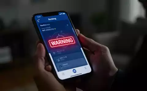 Nahaufnahme einer Hand, die ein Smartphone hält, dessen Bildschirm eine Warnmeldung in einer Banking-App anzeigt, unscharfer Hintergrund. - Foto: über boerse-global.de