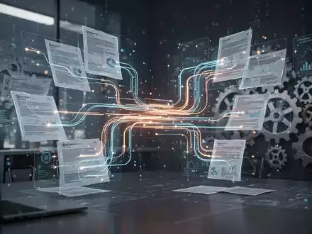 Digitale Datenströme und leuchtende Linien verbinden abstrakte Finanzdokumente und Zahnräder, symbolisieren Digitalisierung und Automatisierung. - Foto: über boerse-global.de