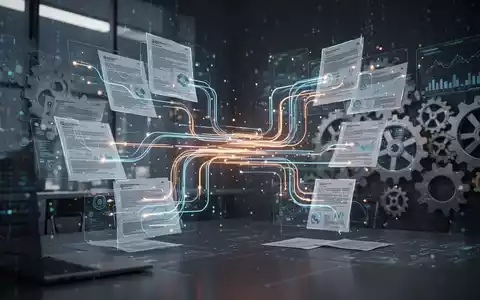 Digitale Datenströme und leuchtende Linien verbinden abstrakte Finanzdokumente und Zahnräder, symbolisieren Digitalisierung und Automatisierung. - Foto: über boerse-global.de