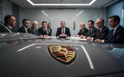Ein unscharfes Porsche-Logo im Vordergrund, dahinter eine Gruppe von Führungskräften und Betriebsräten in einer Besprechung. - Foto: über boerse-global.de