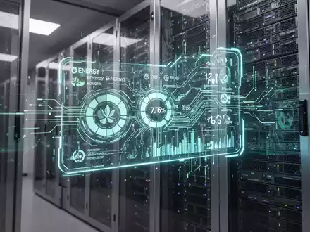 Ein futuristisches, leuchtendes elektronisches Energielabel als Hologramm auf Server-Racks in einem modernen Rechenzentrum. - Foto: über boerse-global.de