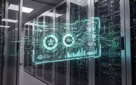 Ein futuristisches, leuchtendes elektronisches Energielabel als Hologramm auf Server-Racks in einem modernen Rechenzentrum. - Foto: über boerse-global.de