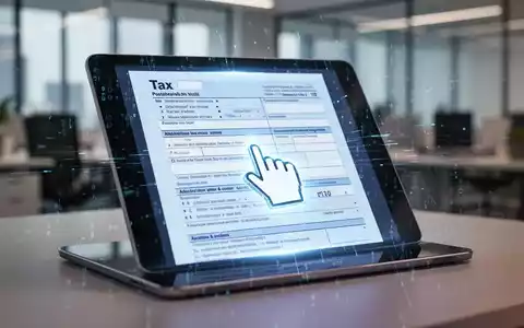 Ein stilisiertes, leuchtendes digitales Steuerformular mit einem Ein-Klick-Cursor auf einem Tablet-Bildschirm, überlagert von Datenströmen. - Foto: über boerse-global.de