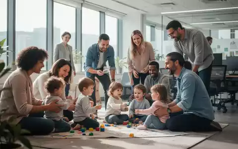 Eltern, darunter Väter, interagieren mit kleinen Kindern in einer modernen Büroumgebung, die Work-Life-Balance symbolisiert. - Foto: über boerse-global.de