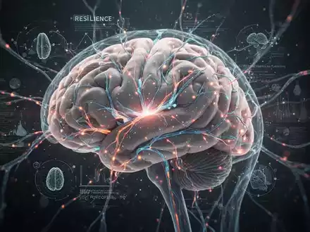 Ein stilisiertes Gehirn mit aktiven neuronalen Pfaden und grafischen Elementen, die Resilienz und emotionale Verarbeitung darstellen. - Foto: über boerse-global.de