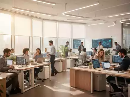 Ein modernes Büro mit viel Tageslicht, ergonomischen Leuchten, flexiblen Arbeitsbereichen und Mitarbeitern, die an Laptops arbeiten. - Foto: über boerse-global.de