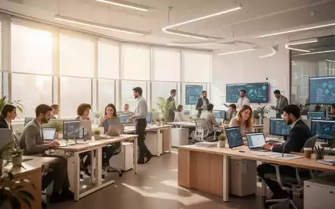 Ein modernes Büro mit viel Tageslicht, ergonomischen Leuchten, flexiblen Arbeitsbereichen und Mitarbeitern, die an Laptops arbeiten. - Foto: über boerse-global.de