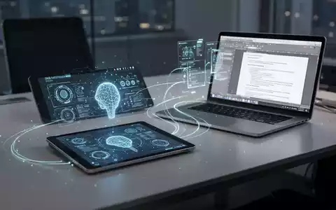Ein moderner Schreibtisch mit Tablet und Laptop, die KI-Schnittstellen und Dokumentenbearbeitung anzeigen, verbunden durch leuchtende Linien. - Foto: über boerse-global.de