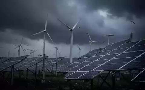 Windturbinen und Solarpaneele unter stürmischem Himmel, was einen Rückgang im Bereich der sauberen Energie symbolisiert. - Foto: über boerse-global.de