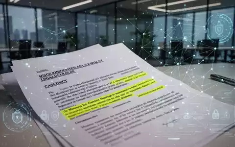 Nahaufnahme eines Vertragsdokuments, das teilweise von einer digitalen Benutzeroberfläche mit Cybersicherheitsdaten und Netzwerkverbindungen verdeckt wird. - Foto: über boerse-global.de