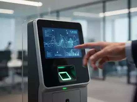 Eine moderne biometrische Zeiterfassungsuhr mit digitaler Anzeige, die von einer verschwommenen Hand bedient wird, im Bürokontext. - Foto: über boerse-global.de