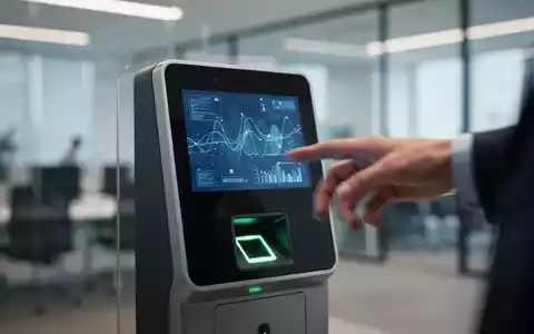 Eine moderne biometrische Zeiterfassungsuhr mit digitaler Anzeige, die von einer verschwommenen Hand bedient wird, im Bürokontext. - Foto: über boerse-global.de