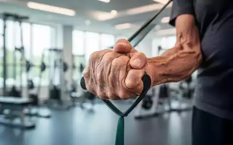 Nahaufnahme der Hand eines älteren Menschen, die ein Widerstandsband greift, in einem modernen Fitnessstudio. - Foto: über boerse-global.de