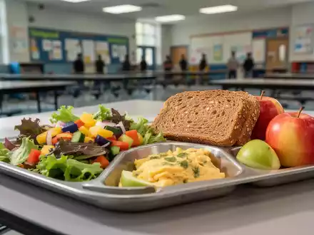 Ein ausgewogenes Bio-Schulmittagessen auf einem Tablett, mit frischem Salat, Obst und Vollkornbrot, in einer modernen Schulkantine. - Foto: über boerse-global.de