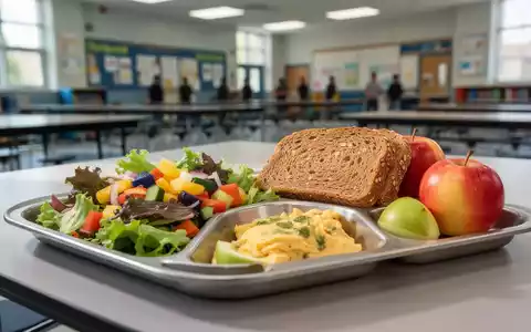 Ein ausgewogenes Bio-Schulmittagessen auf einem Tablett, mit frischem Salat, Obst und Vollkornbrot, in einer modernen Schulkantine. - Foto: über boerse-global.de