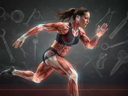 Eine Sportlerin in Bewegung, die Schmerz ausdrückt, mit anatomischen Überlagerungen von Muskeln und Gelenken. - Foto: über boerse-global.de