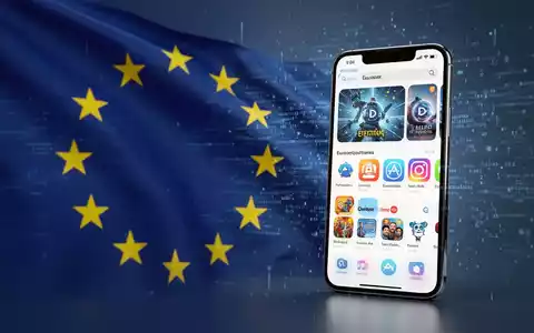 EU-Flagge neben Smartphone mit App-Store, Symbol für digitale Marktregulierung und Technologieaufsicht. - Foto: über boerse-global.de