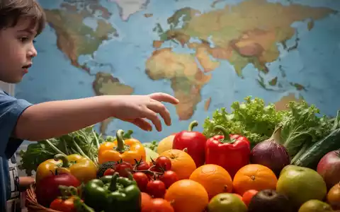 Eine Kinderhand greift nach frischem Obst und Gemüse, mit einer unscharfen Weltkarte im Hintergrund. Symbolisiert Mangel an pflanzlichen Lebensmitteln. - Foto: über boerse-global.de