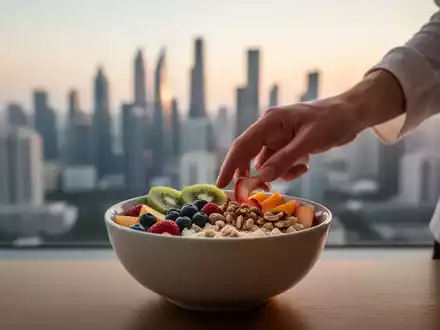 Eine Hand greift nach einer gesunden Frühstücksschale mit Früchten und Nüssen, im Hintergrund eine verschwommene Stadt bei Sonnenaufgang. - Foto: über boerse-global.de
