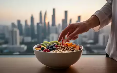 Eine Hand greift nach einer gesunden Frühstücksschale mit Früchten und Nüssen, im Hintergrund eine verschwommene Stadt bei Sonnenaufgang. - Foto: über boerse-global.de