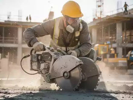 Ein Bauarbeiter schneidet Beton mit einer Säge, Staubpartikel sind in der Luft sichtbar. Der Arbeiter trägt Schutzausrüstung. - Foto: über boerse-global.de