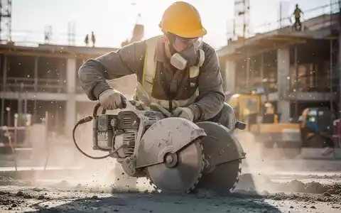 Ein Bauarbeiter schneidet Beton mit einer Säge, Staubpartikel sind in der Luft sichtbar. Der Arbeiter trägt Schutzausrüstung. - Foto: über boerse-global.de