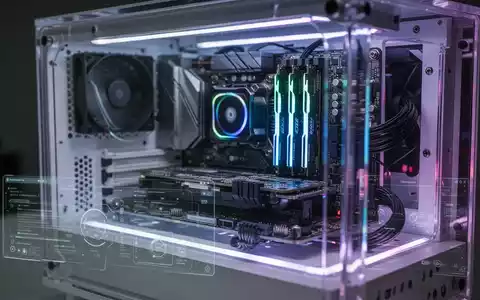 Transparentes PC-Gehäuse mit beleuchteten Komponenten wie Mainboard und RAM, dezentes digitales Interface-Overlay. - Foto: über boerse-global.de