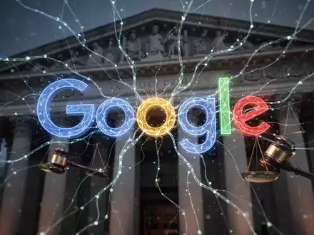 Leuchtendes, abstraktes neuronales Netzwerk über verschwommenem Google-Logo und Gerichtsgebäude, symbolisiert KI-Daten und rechtliche Fragen. - Foto: über boerse-global.de
