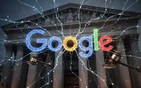 Leuchtendes, abstraktes neuronales Netzwerk über verschwommenem Google-Logo und Gerichtsgebäude, symbolisiert KI-Daten und rechtliche Fragen. - Foto: über boerse-global.de