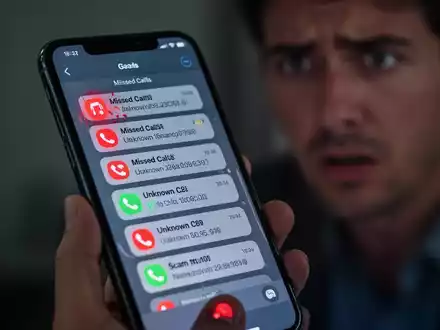 Nahaufnahme eines Smartphone-Bildschirms mit vielen verpassten Anrufen von unbekannten Nummern, unscharfer Hintergrund einer besorgten Person. - Foto: über boerse-global.de