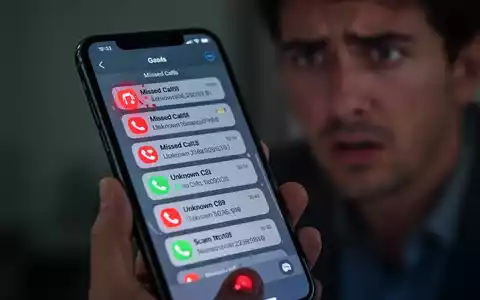 Nahaufnahme eines Smartphone-Bildschirms mit vielen verpassten Anrufen von unbekannten Nummern, unscharfer Hintergrund einer besorgten Person. - Foto: über boerse-global.de