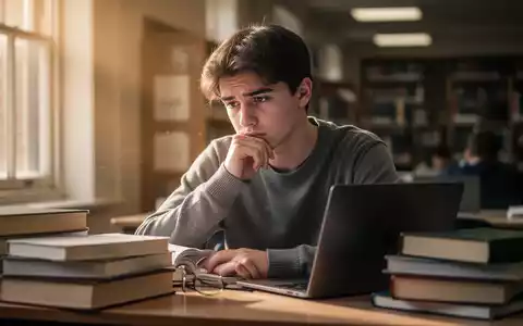 Ein Studierender sitzt gestresst an einem Schreibtisch mit Büchern und Laptop, umgeben von einer unscharfen Studienumgebung. - Foto: über boerse-global.de