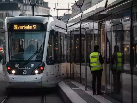 Eine Saarbahn S1 steht still an einem Bahnsteig in Saarbrücken, ein Streik symbolisierend. - Foto: über boerse-global.de