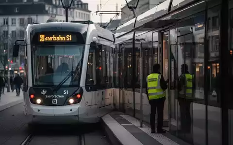 Eine Saarbahn S1 steht still an einem Bahnsteig in Saarbrücken, ein Streik symbolisierend. - Foto: über boerse-global.de