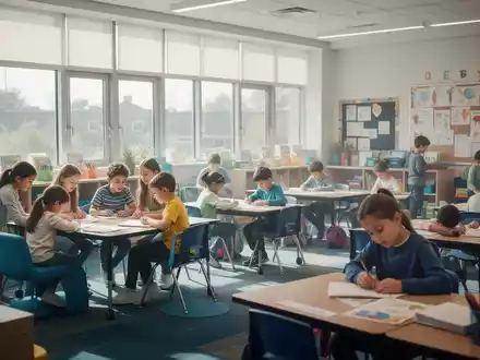 Helle, moderne Grundschulklasse mit flexiblen Sitzgelegenheiten. Kinder lernen in Gruppen und einzeln, was strukturierte Lernroutinen zeigt. - Foto: über boerse-global.de
