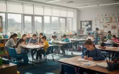 Helle, moderne Grundschulklasse mit flexiblen Sitzgelegenheiten. Kinder lernen in Gruppen und einzeln, was strukturierte Lernroutinen zeigt. - Foto: über boerse-global.de