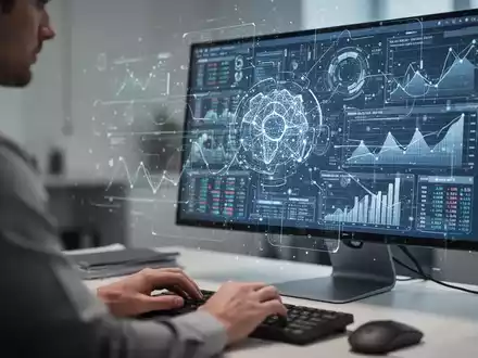 Eine Person sitzt vor einem Bildschirm, der Finanzdaten und KI-generierte Diagramme anzeigt, symbolisch für unproduktive Routineaufgaben. - Foto: über boerse-global.de