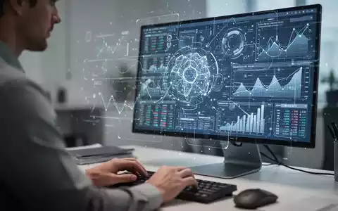 Eine Person sitzt vor einem Bildschirm, der Finanzdaten und KI-generierte Diagramme anzeigt, symbolisch für unproduktive Routineaufgaben. - Foto: über boerse-global.de