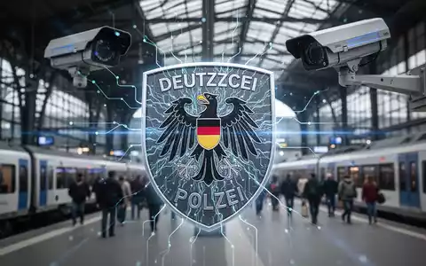 Leuchtendes, futuristisches deutsches Polizeiabzeichen mit neuronalem Netzwerkmuster vor verschwommenem Bild eines modernen Bahnhofs mit Überwachungskameras. - Foto: über boerse-global.de