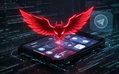 Eine stilisierte, bedrohliche rote Flügel-Ikone schwebt über einem dunklen Smartphone-Bildschirm mit Banking-Apps und Code-Linien. - Foto: über boerse-global.de