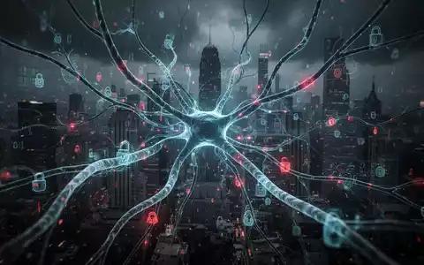 Leuchtendes neuronales Netz über dunkler, abstrakter Stadtlandschaft, symbolisiert KI, Cyberbedrohungen und Datendiebstahl. - Foto: über boerse-global.de