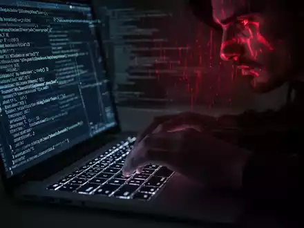 Schattenhafte Hände tippen auf Laptop mit rotem, bedrohlichem Bildschirmlicht, das Trojaner und Cyberbedrohungen darstellt. - Foto: über boerse-global.de