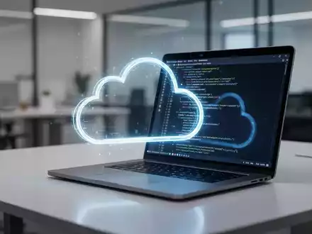 Leuchtendes digitales Wolkensymbol auf einem Schreibtisch, gespiegelt auf einem Laptop-Bildschirm mit Code, symbolisiert Cloud-Technologie und Datenmanagement. - Foto: über boerse-global.de