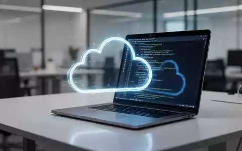 Leuchtendes digitales Wolkensymbol auf einem Schreibtisch, gespiegelt auf einem Laptop-Bildschirm mit Code, symbolisiert Cloud-Technologie und Datenmanagement. - Foto: ĂŒber boerse-global.de